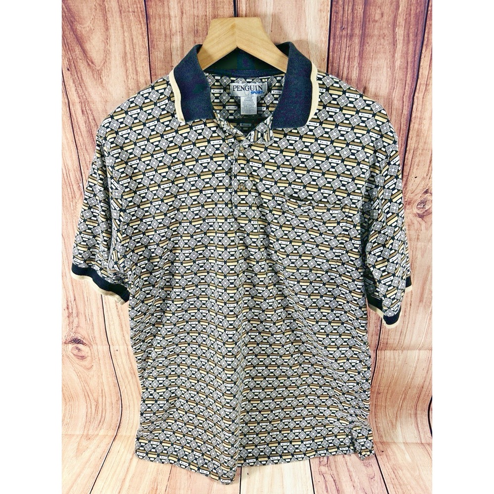 Vintage Penguin Sport Men's LARGE  Polo Shirt Short Sleeve Black Beige Geometric